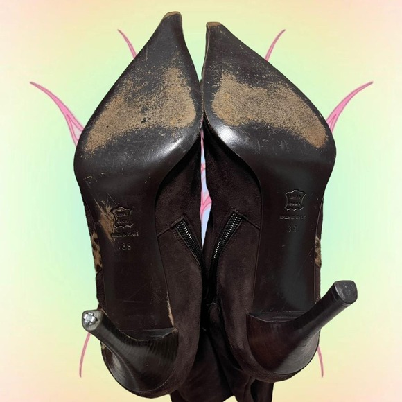 Vintage Lerre Mid-Calf Pointed Toe Brown Boots with Leopard Details - Picture 5 of 8